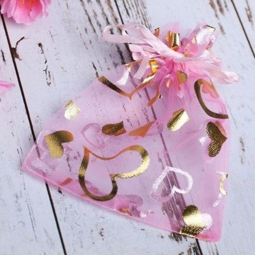 Organza bag Hearts pink with gold 10*12.5